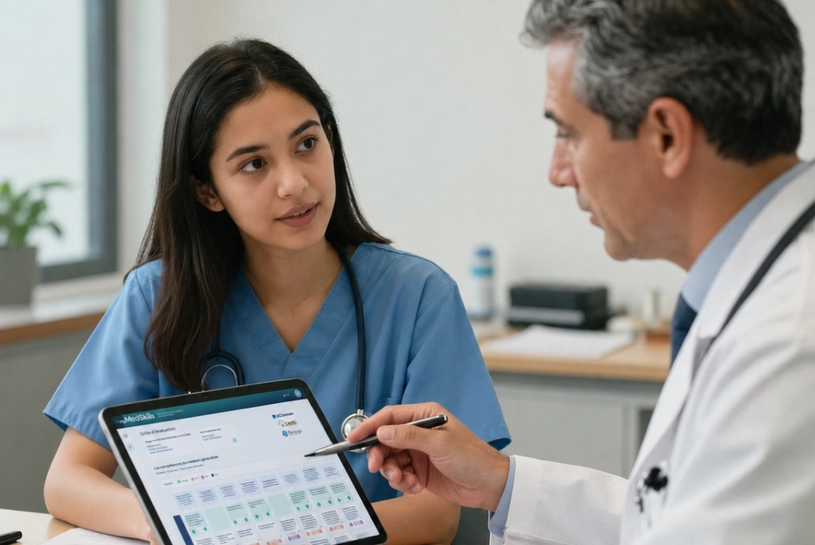 Un·e maître de stage et son assistant·e consultent la grille de compétences sur une tablette